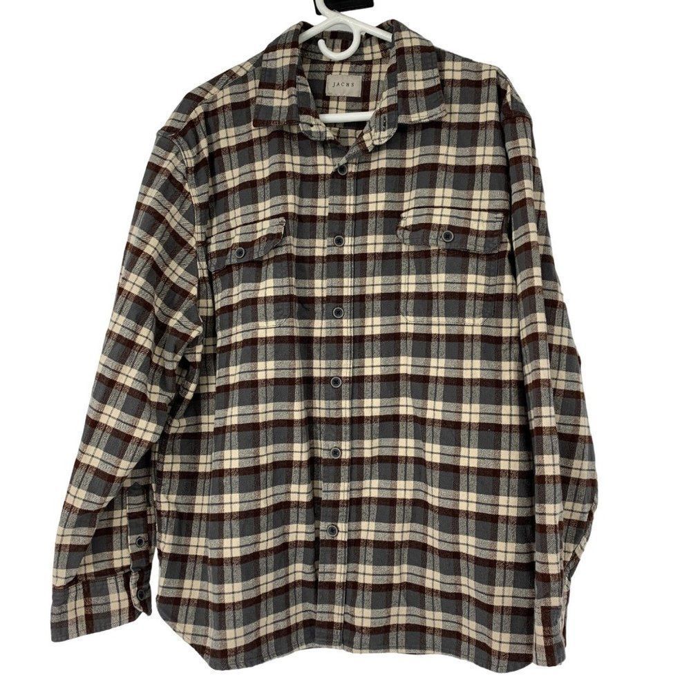Jachs Mens Size 2XL Heavy Brown Gray Plaid Flannel Long Sleeve Shirt Button Up 3
